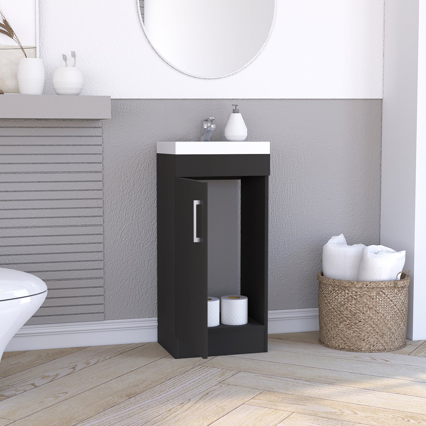 Modern Black Bathroom Vanity Sink with Metal Handle and Single Door Cabinet