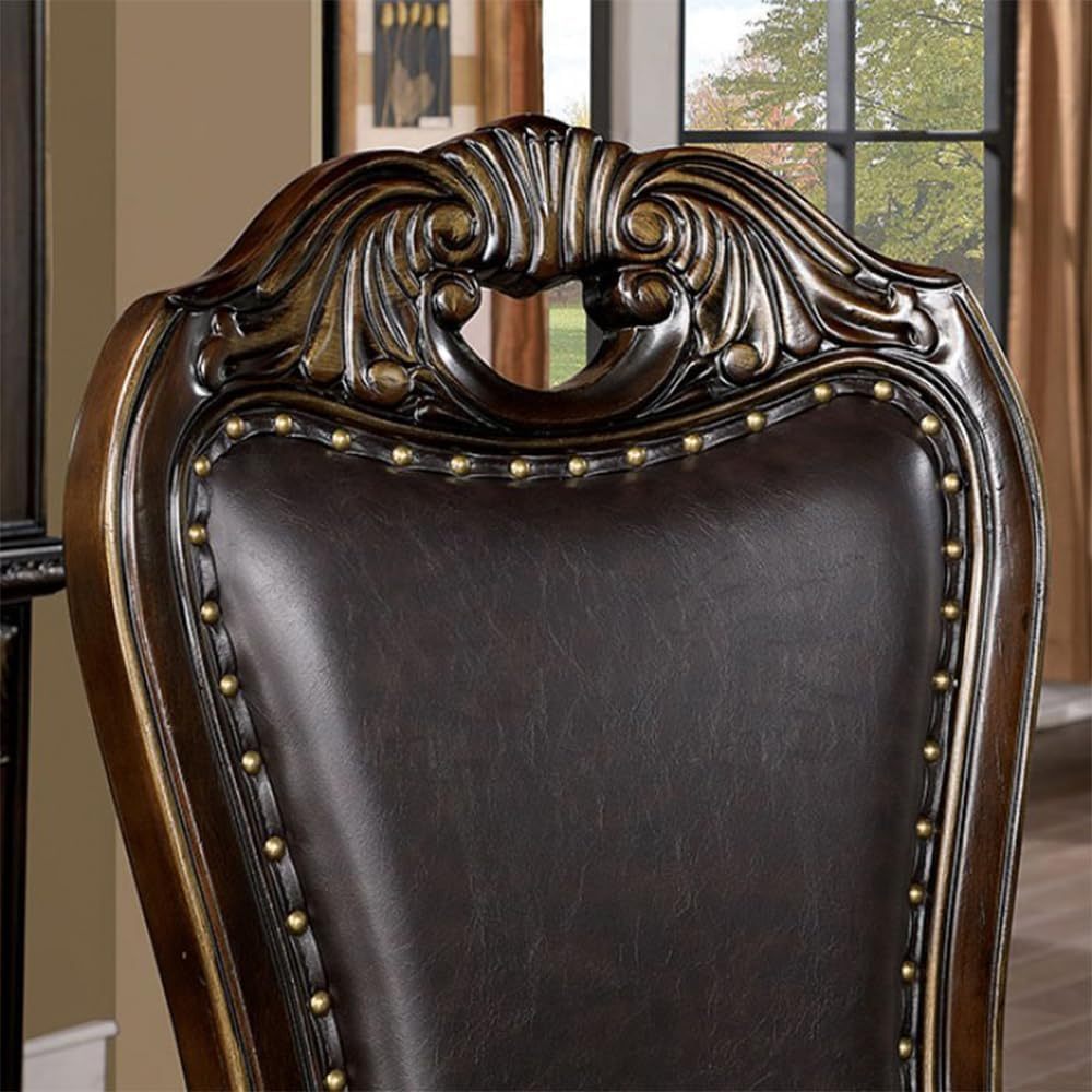 Set of 2 Solid Wood Dining Chairs with Leatherette Seats, Traditional Cabriole Legs, Nailhead Trim Walnut