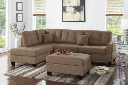 3pc Reversible Sectional Sofa w Chaise & Ottoman, Modern Linen-Like Polyfiber, 104x75x35, Coffee