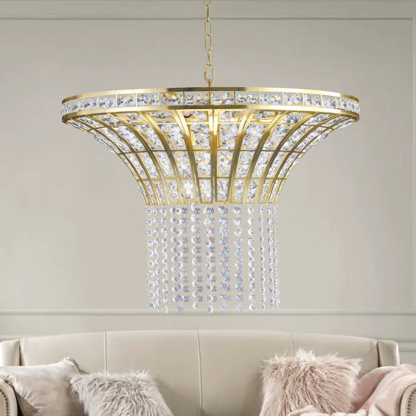 8-Light Crystal Waterfall Chandelier, 23.6 Modern Ceiling Light for Living Room, Dining, Sand Gold Finish