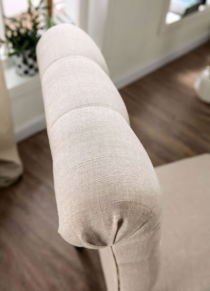 Set of 2 Side Dining Chairs - Button Tufted, Linen-Look, Solid Wood, Scroll Back, Rustic Chairs Ivory