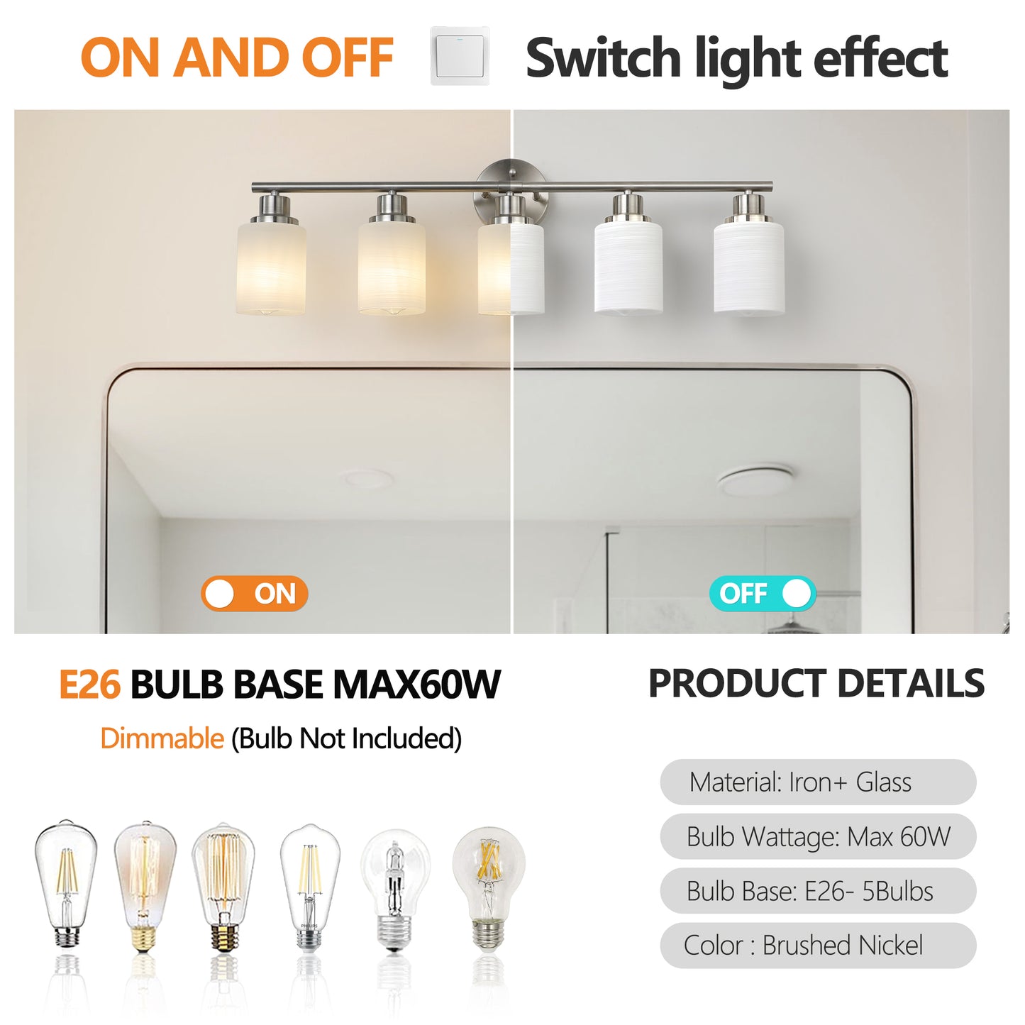 5-Light Vanity Sconce with Frosted Glass Shades for Bathroom or Hallway Lighting, Brushed Nickel