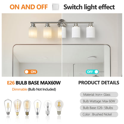 5-Light Vanity Sconce with Frosted Glass Shades for Bathroom or Hallway Lighting, Brushed Nickel
