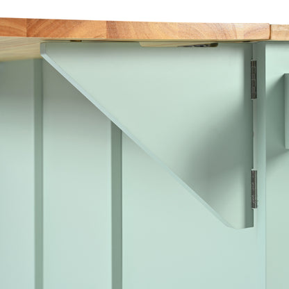 Mint Green Kitchen Island Cart with Drop-Leaf Rubberwood Top, Storage Cabinet, and 3 Drawers on Wheels