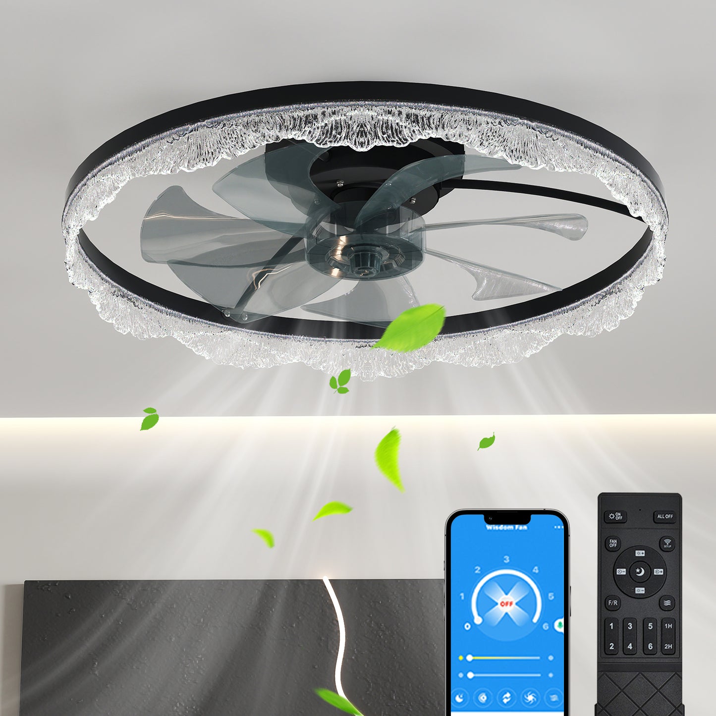24-Inch LED Ceiling Fan with Light Dimmable Remote Flush Mount Hidden Blades Living Room Modern Black