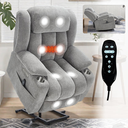 Power Lift Recliner Chair, 350 LBS Capacity, 8-Point Massage, Lumbar Heat, USB-C, Chenille, Grey