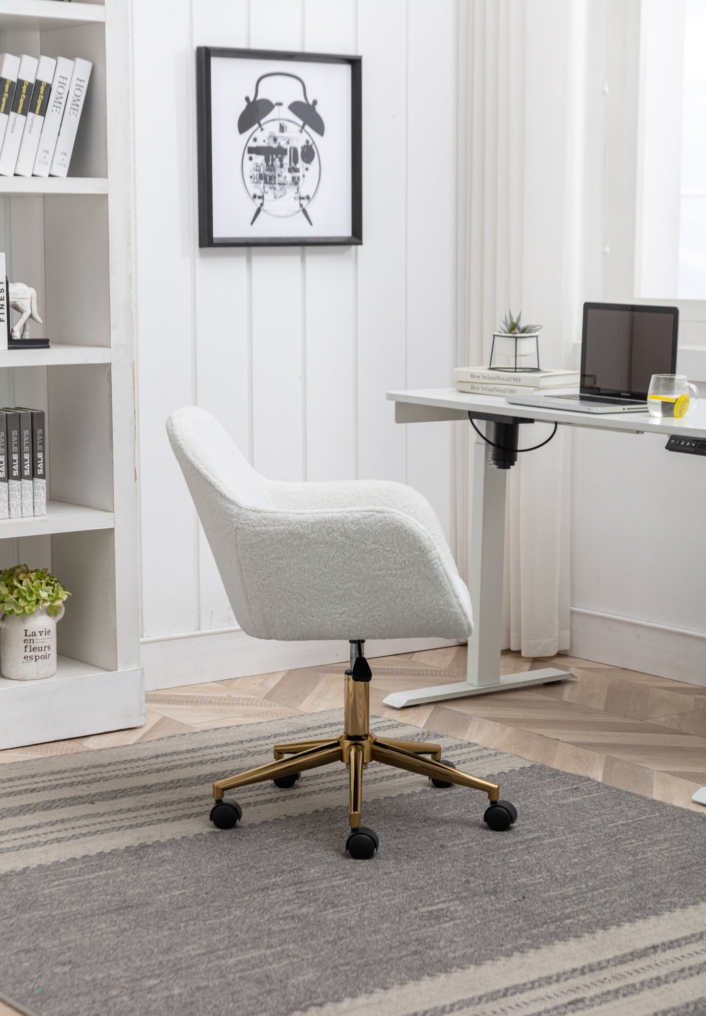 Elegant White Teddy Fabric Home Office Chair with Gold Metal Legs and 360° Swivel Function