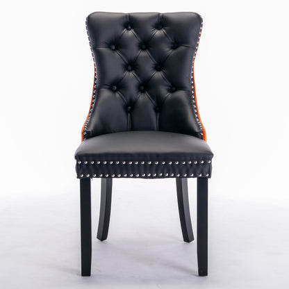 Modern Tufted Wood Dining Chair Set with PU Leather and Velvet Upholstery, Wood Legs, 2-Pcs Black/Orange