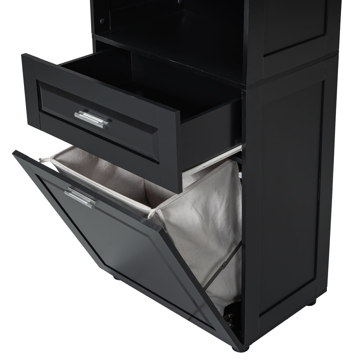 Stylish Tall Black Bathroom Storage Cabinet with Removable Laundry Basket and Ample Organizing Space