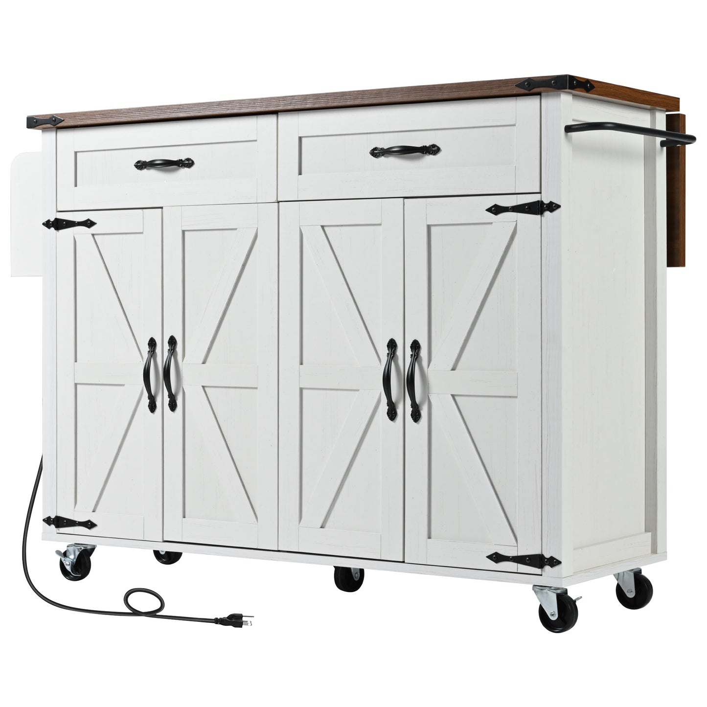 Farmhouse Rolling Kitchen Island with Power Outlet, Drop Leaf, Spice Rack, and Storage Drawers - 53.5'' White Cart for Kitchen and Dining Room