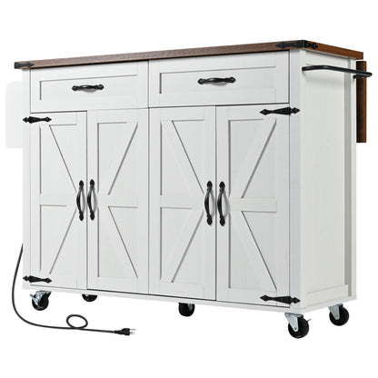 Farmhouse Rolling Kitchen Island with Power Outlet, Drop Leaf, Spice Rack, and Storage Drawers - 53.5'' White Cart for Kitchen and Dining Room