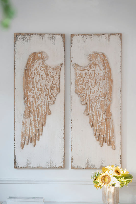 Set of 2 Feather Wing Wood Wall Panels, Rectangle, 42 x 15.5 inches, Hanging Wall Art, Distressed White