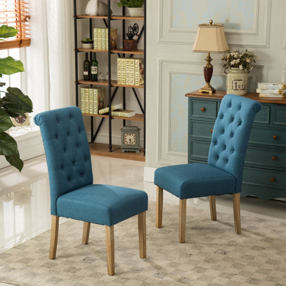 Solid Wood Parsons Dining Chair Set of 2, Tufted Upholstered 26W x 18D x 39.2H in, Oak Finish, Blue
