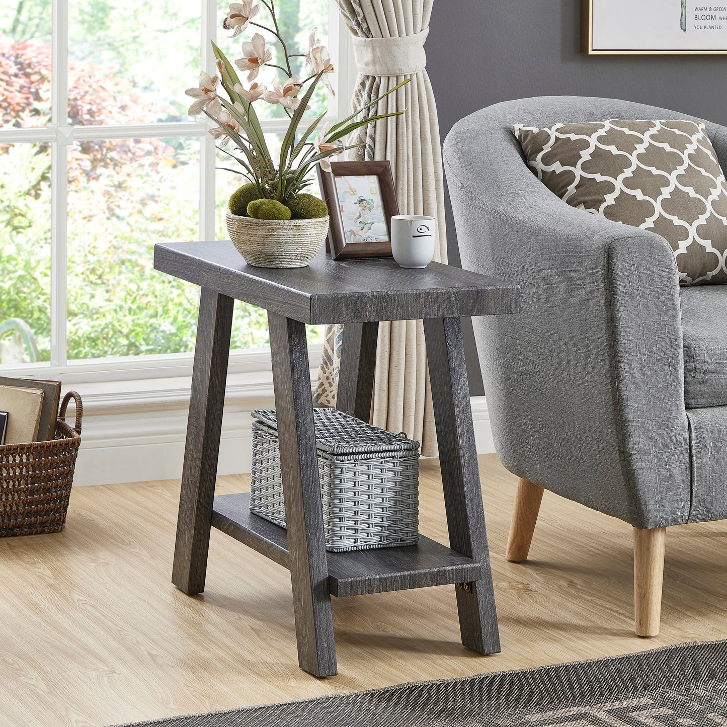 Contemporary Wood Side Table with Under-Shelf Storage, 23.5x14x22 in Wood Veneer Top, MDF Gray Finish