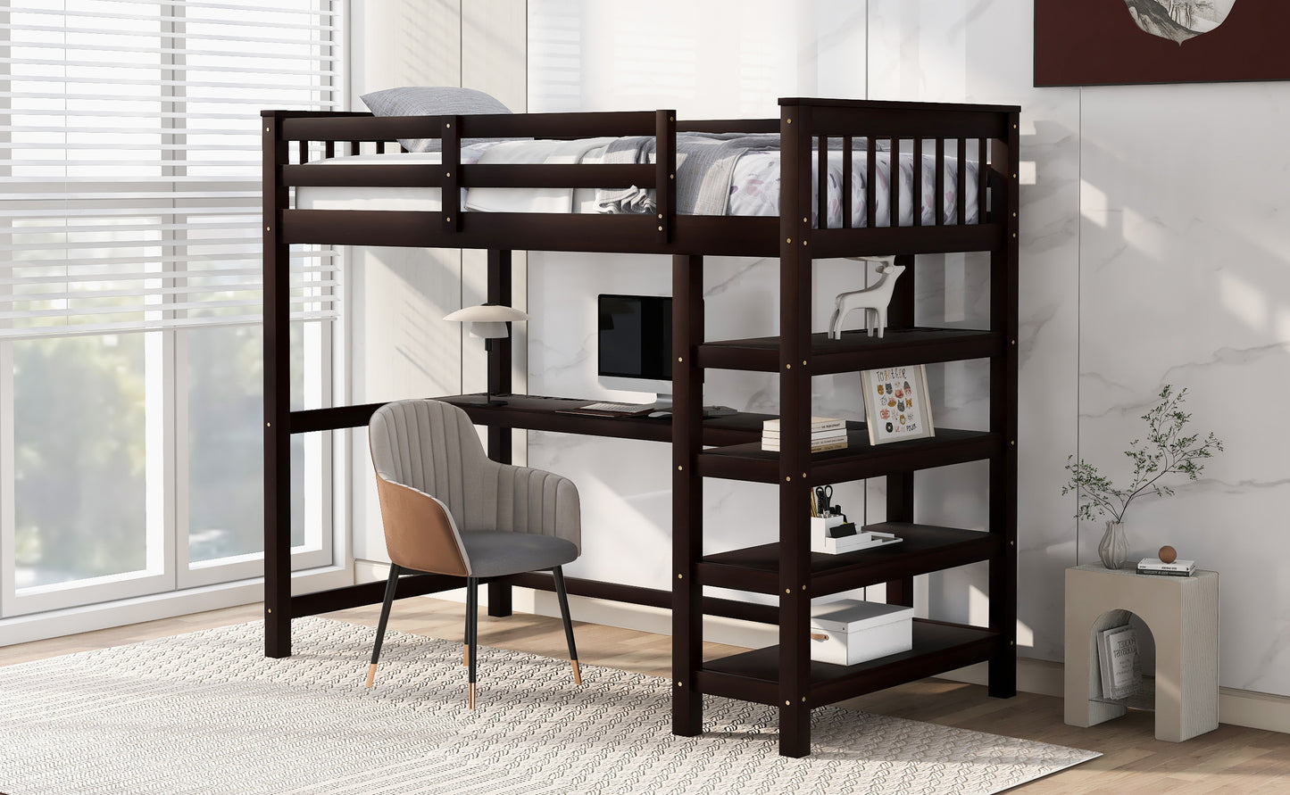 Espresso Twin Loft Bed with Integrated Workspace and Storage Shelves