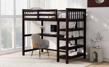 Espresso Twin Loft Bed with Integrated Workspace and Storage Shelves