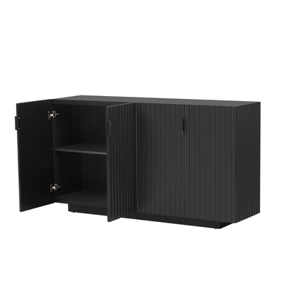 TREXM 4 Wavy Doors Ample Storage Space Sideboard with Adjustable Shelves and Retro Copper Handles for Dining Room and Living Room (BLACK)