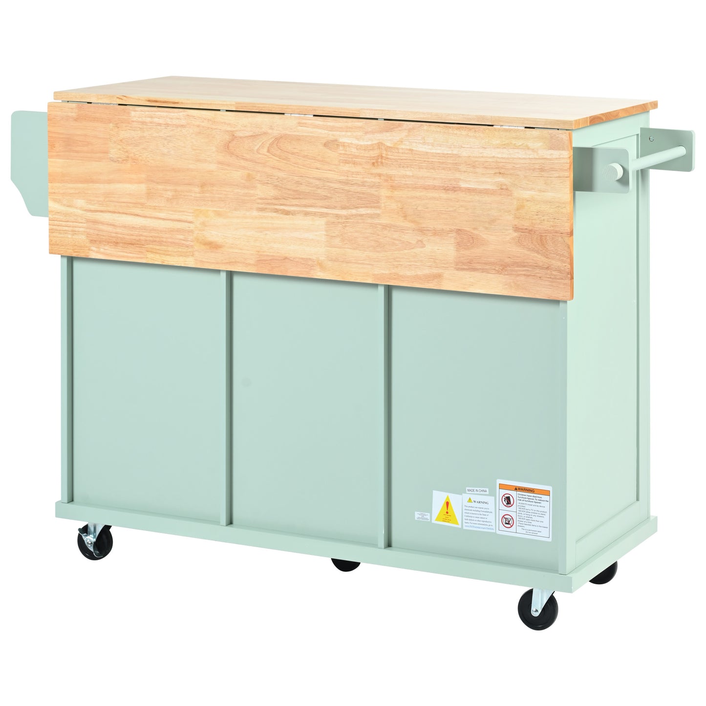 Mint Green Kitchen Island Cart with Drop-Leaf Rubberwood Top, Storage Cabinet, and 3 Drawers on Wheels