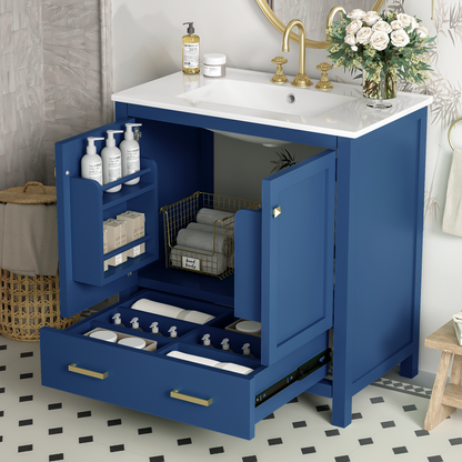 30-Inch Elegant Blue Bathroom Vanity with Ceramic Sink, Stylish Storage Cabinet Featuring Soft-Close Doors and Multifunctional Drawers