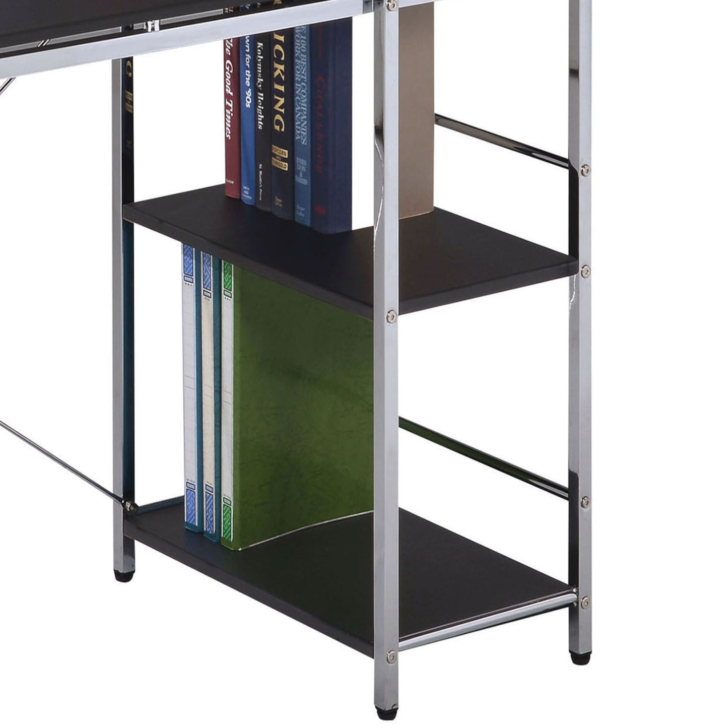 Modern Black & Chrome Industrial Writing Desk with Open Shelving