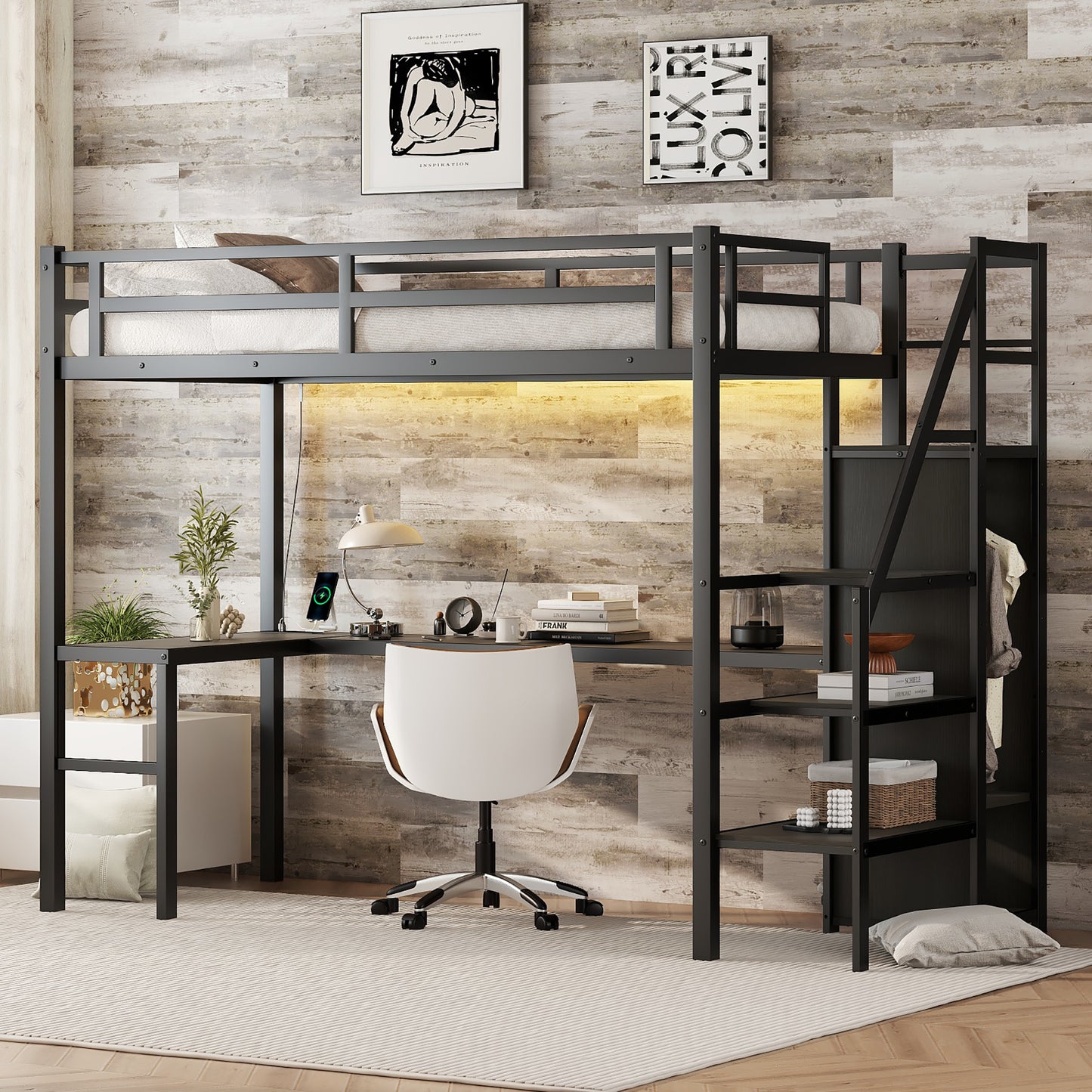 Twin XL Metal Loft Bed with L-shaped Desk, USB Charging Station, Wardrobe, and LED Lights - Stylish Space-Saving Solution for Teens and Adults in Black