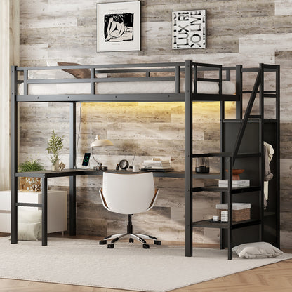 Twin XL Metal Loft Bed with L-shaped Desk, USB Charging Station, Wardrobe, and LED Lights - Stylish Space-Saving Solution for Teens and Adults in Black