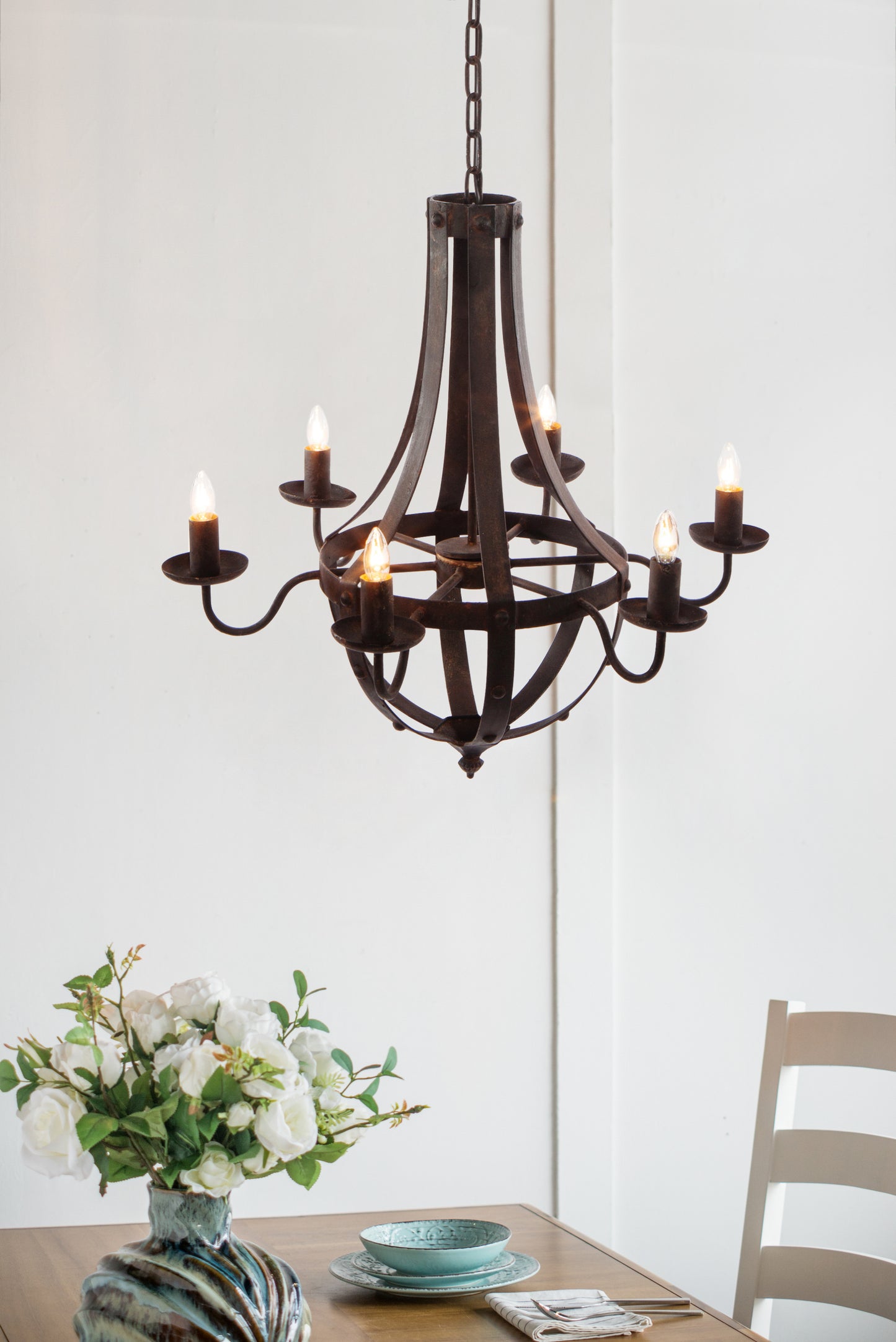 Six-Light Iron Chandelier with Adjustable Chain, 25x22x24in, 6x E12, 60W, Hardwired Antique Black