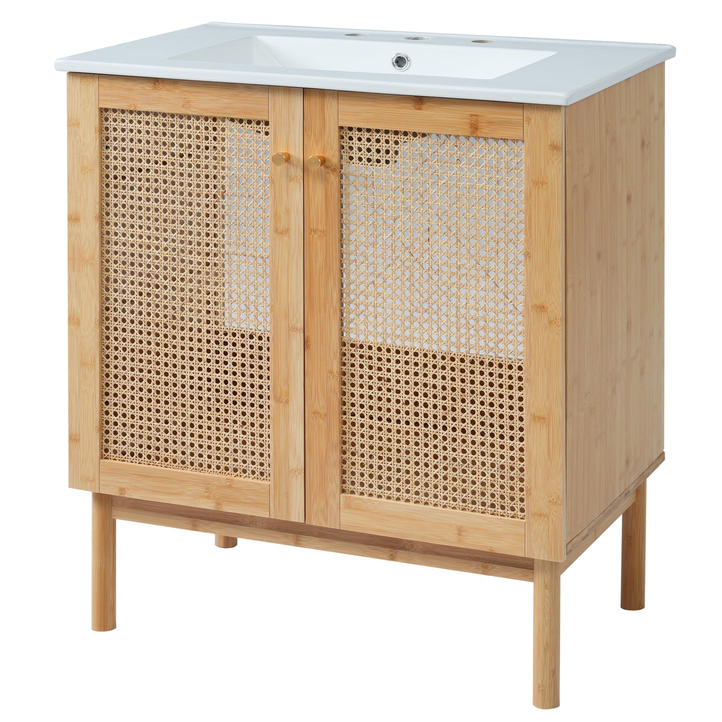 Elegant 30-Inch Natural Bamboo Bathroom Vanity with Artisanal Rattan Doors and Soft-Close Mechanism