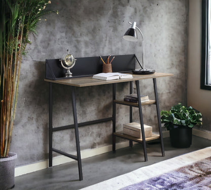 Modern Rustic Oak Writing Desk with Black Metal Legs and Storage Shelves