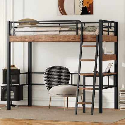Black Metal Twin Loft Bed with Integrated Desk, Storage Shelf, and Ladder