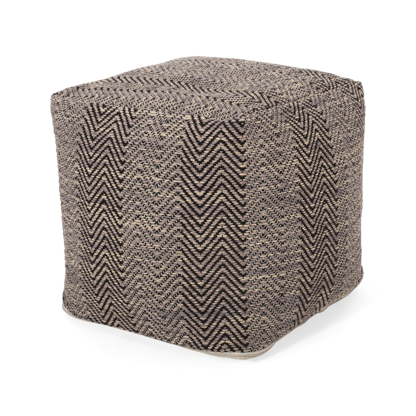 Handcrafted Cotton Chevron Pouf, 15in Square, Bead-Filled Floor Seating, Spot Clean - Brown and Beige