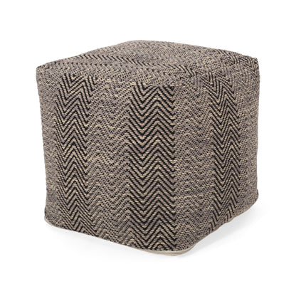 Handcrafted Cotton Chevron Pouf, 15in Square, Bead-Filled Floor Seating, Spot Clean - Brown and Beige
