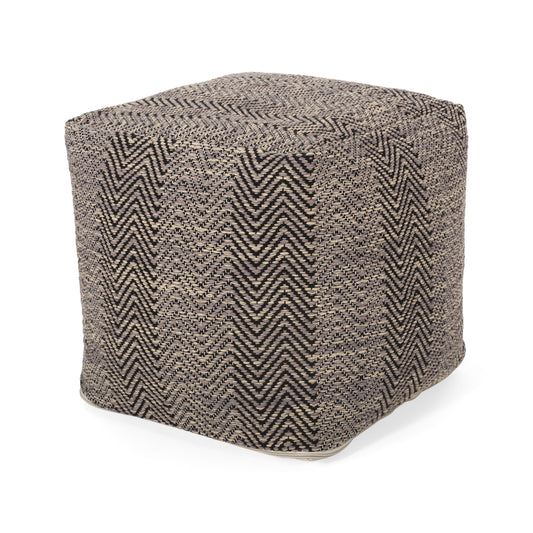 Handcrafted Cotton Chevron Pouf, 15in Square, Bead-Filled Floor Seating, Spot Clean - Brown and Beige