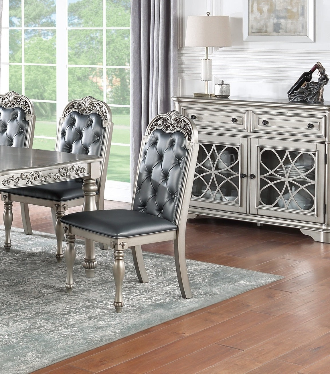 Set of 2 Formal Dining Chairs, Rubberwood, Tufted Back, Cushioned Seat, Traditional Design, Grey-Silver