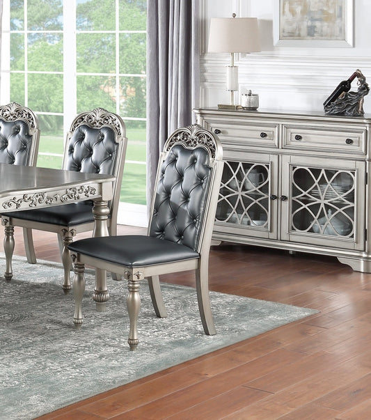 Set of 2 Formal Dining Chairs, Rubberwood, Tufted Back, Cushioned Seat, Traditional Design, Grey-Silver