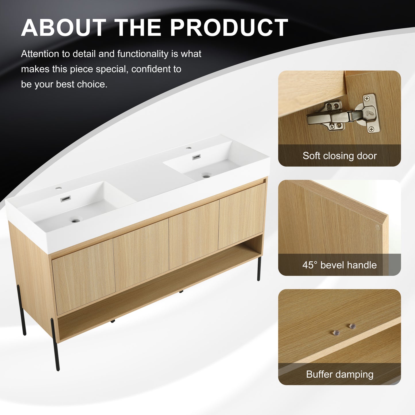 60-Inch Modern Oak Bathroom Vanity Set with Single Resin Sink and 4-Door Storage Cabinet