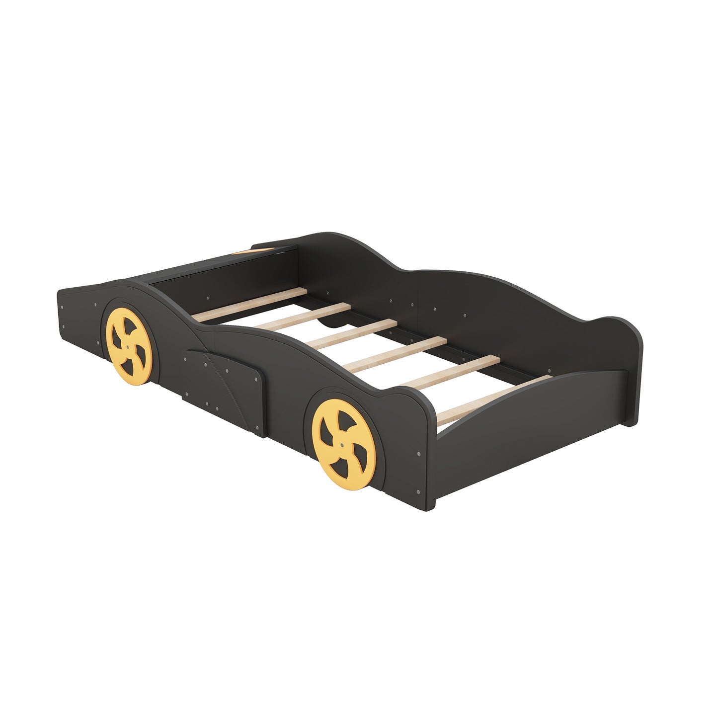 Twin Size Race Car Platform Bed with Storage and Wheels in Black and Yellow