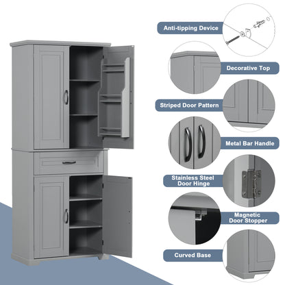 Tall Grey MDF Bathroom Storage Cabinet with Adjustable Shelf and Multiple Storage Solutions