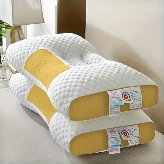 2-Piece Cervical Memory Foam Pillow with Hollow Center, Knitted Cotton Cover, Adjustable Height, Yellow