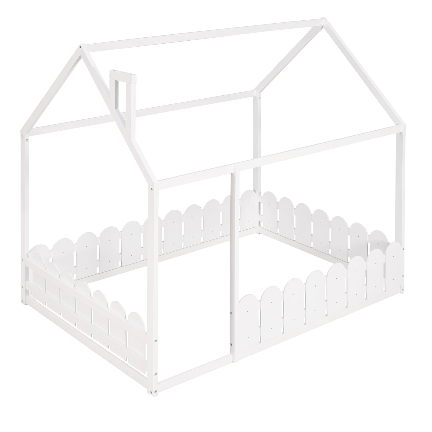Full Size Wooden House Bed Frame with Fence for Kids and Teens - White (Slats Not Included)