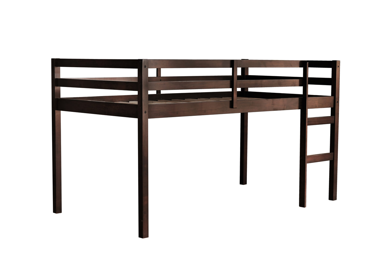 Espresso Rubber Wood Twin Loft Bed with Ladder and Enhanced Support Slats