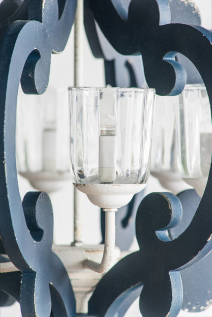 6-Light Wood Chandelier, Farmhouse Pendant for Kitchen, Living, Bulb Not Included, Navy Blue and White Finish