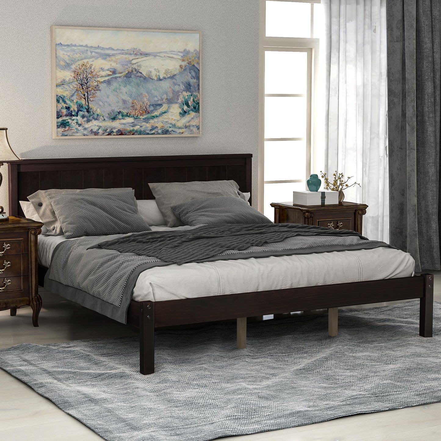Espresso Queen Platform Bed Frame with Headboard and Wood Slat Support – No Box Spring Required