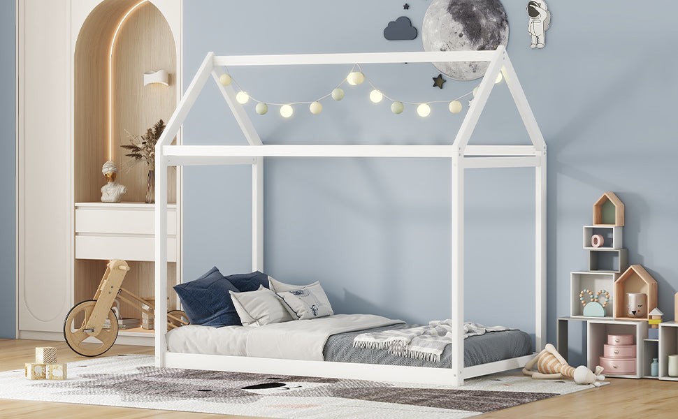 White Twin Size Pine Wood House Bed for Kids