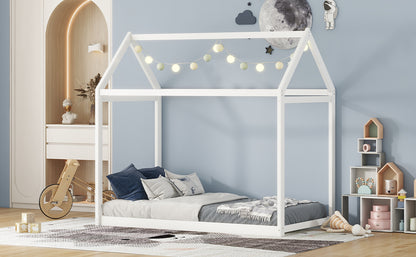 White Twin Size Pine Wood House Bed for Kids
