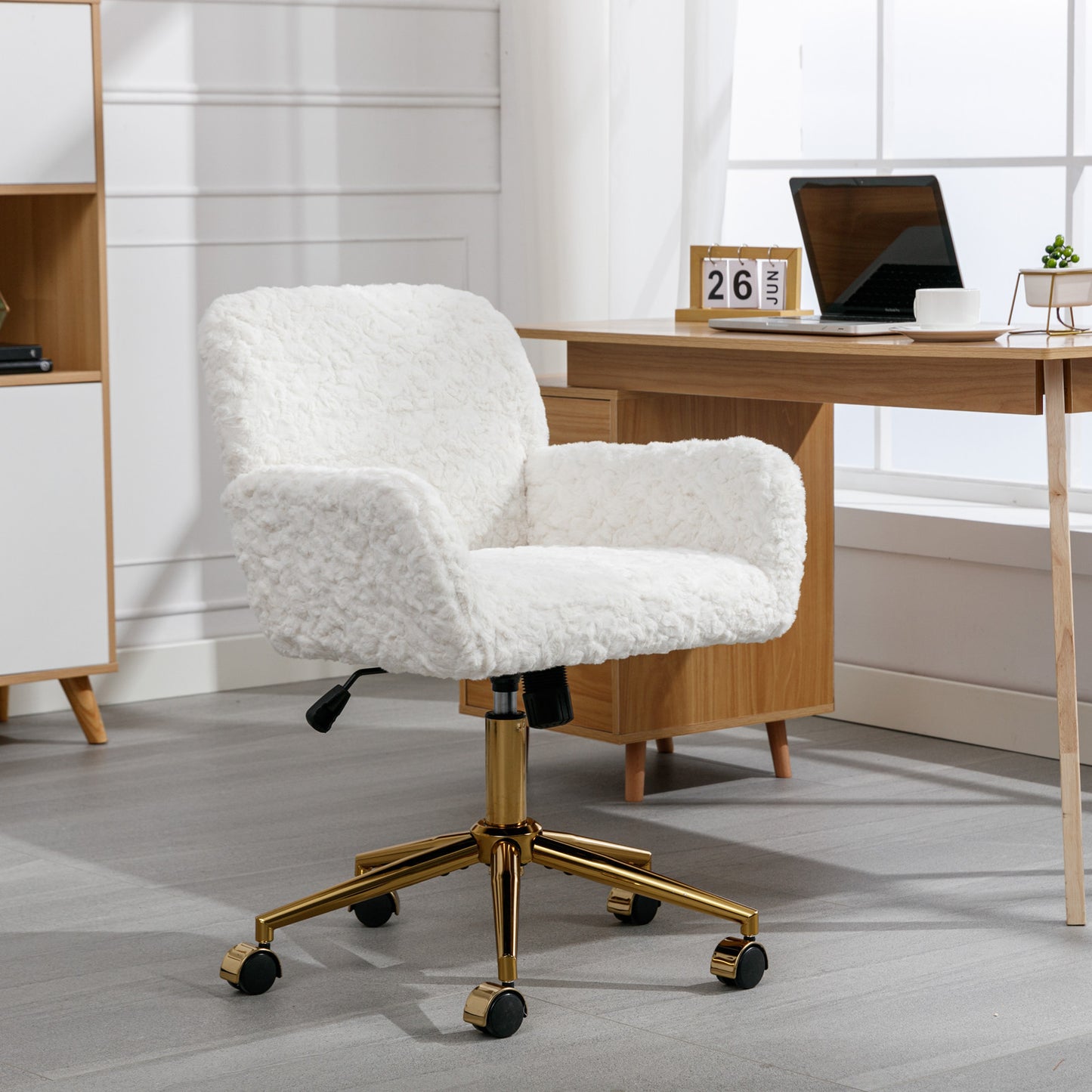 Elegant Beige Velvet Office Chair with Golden Base and Adjustable Recline, Swivel Desk & Vanity Chair