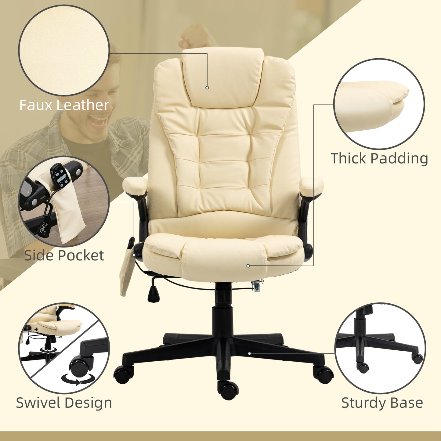 Beige High Back Massaging Office Chair with Heated Recline and Remote Control, 6 Vibration Points