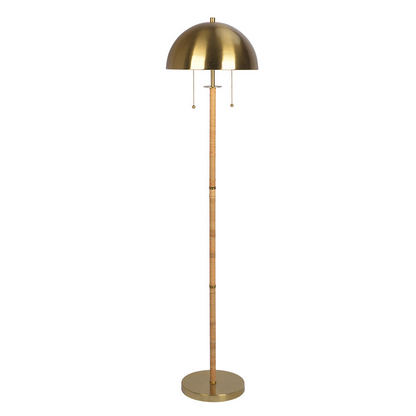 2-Light Floor Lamp with Natural Rattan Tube, 57.5-Inch, Double Pull Chain, Living Room Gold Brass Finish