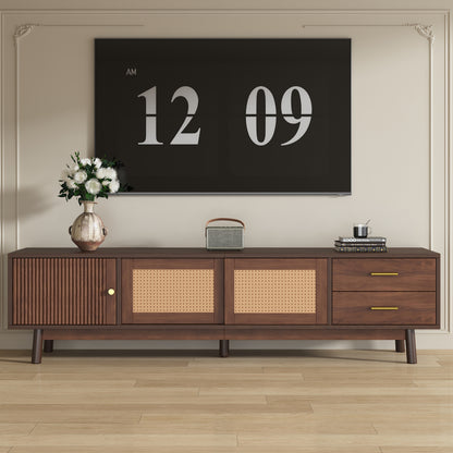 TV Console for 70-79 Inch TVs with Sliding Doors and Drawers, Rattan Accent, Solid Wood Legs, Dark Brown