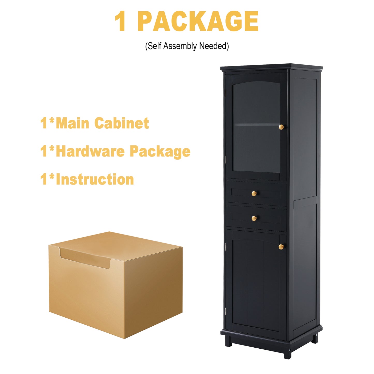 63" Tall Bathroom Storage Cabinet with Glass Doors, Free-Standing, Two Drawers, and Adjustable Shelves, MDF Board, Painted Black - Perfect for Displaying Your Favorite Items